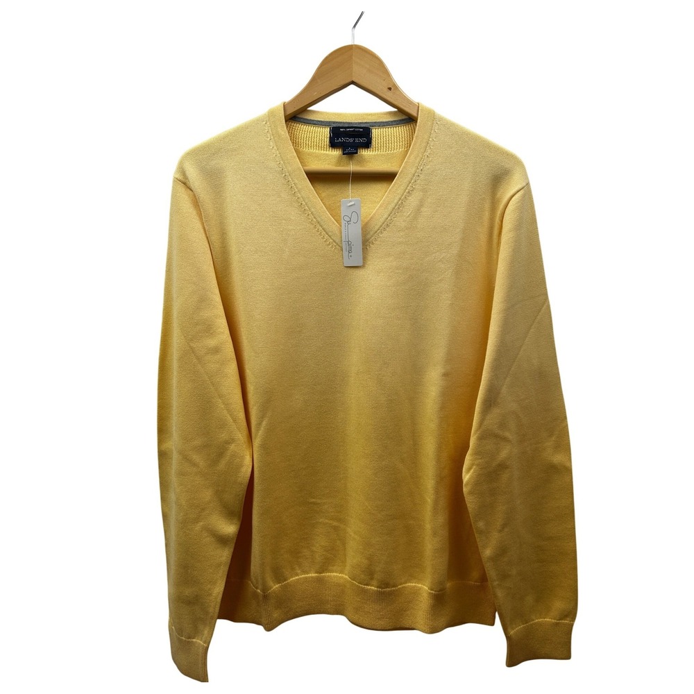 Lands' End 100% Supima Cotton V-Neck Sweater Mens Large Soft Yellow Classic NWT